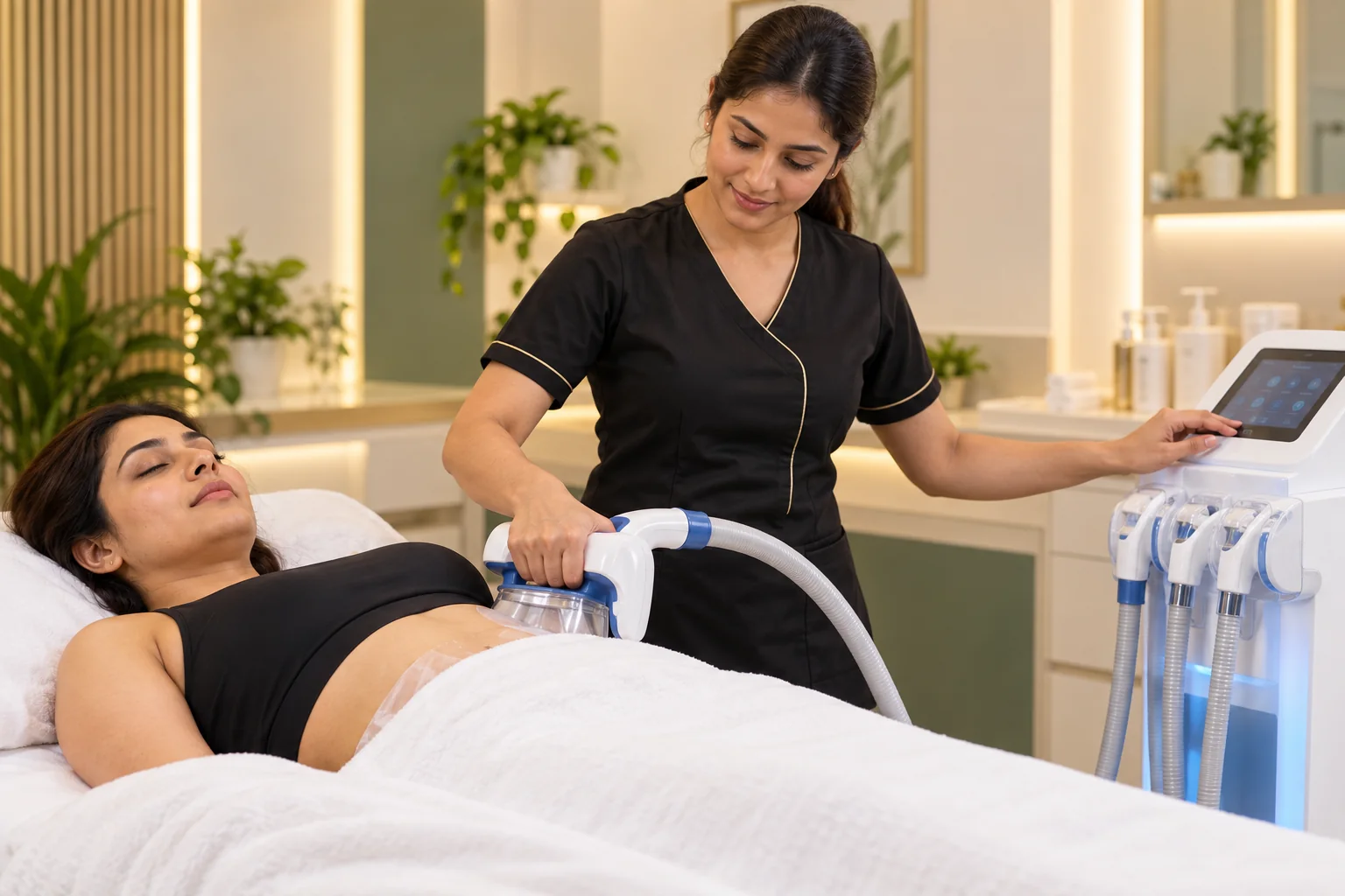 Illustrative fat-freezing treatment with an attendant using a body-contouring applicator