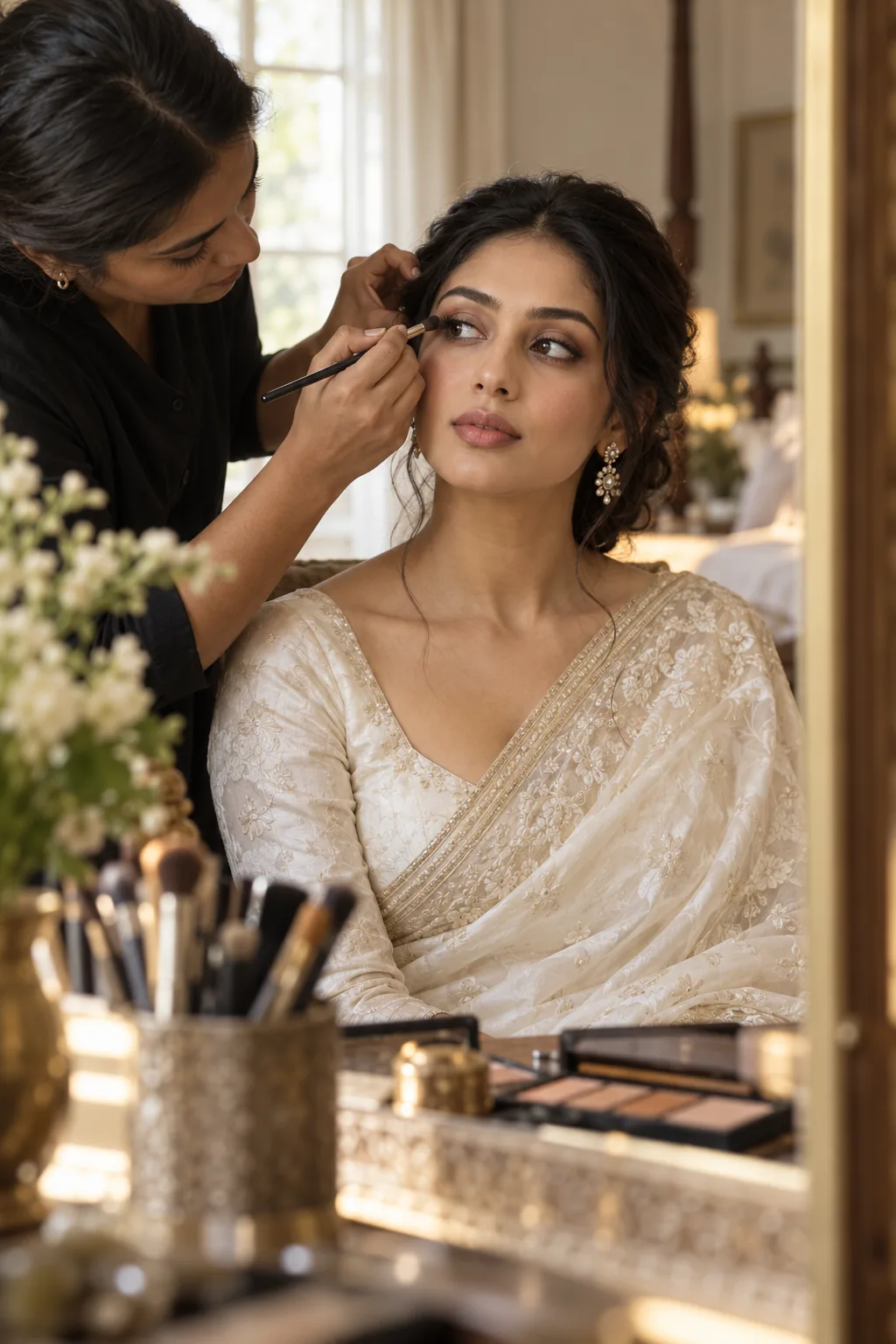 Illustrative bridal makeup being applied