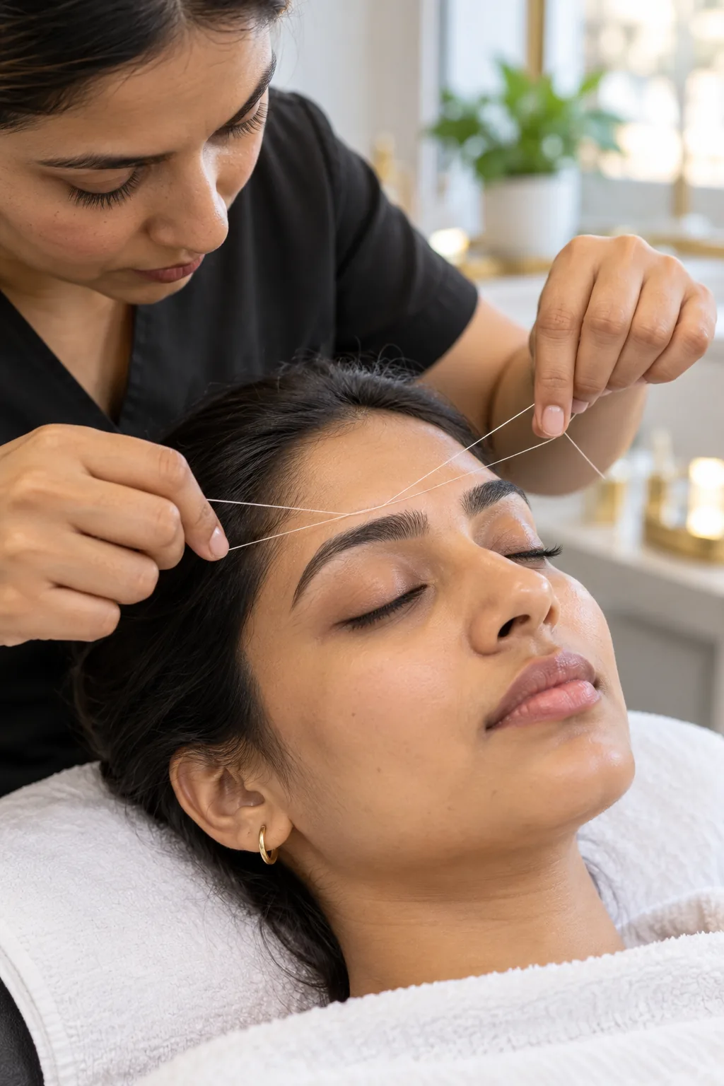 Illustrative eyebrow threading in progress