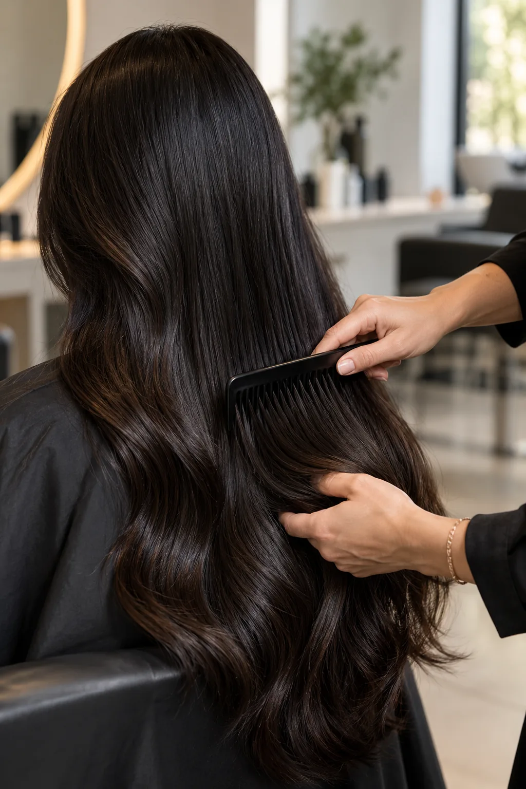 Illustrative stylist combing long dark hair