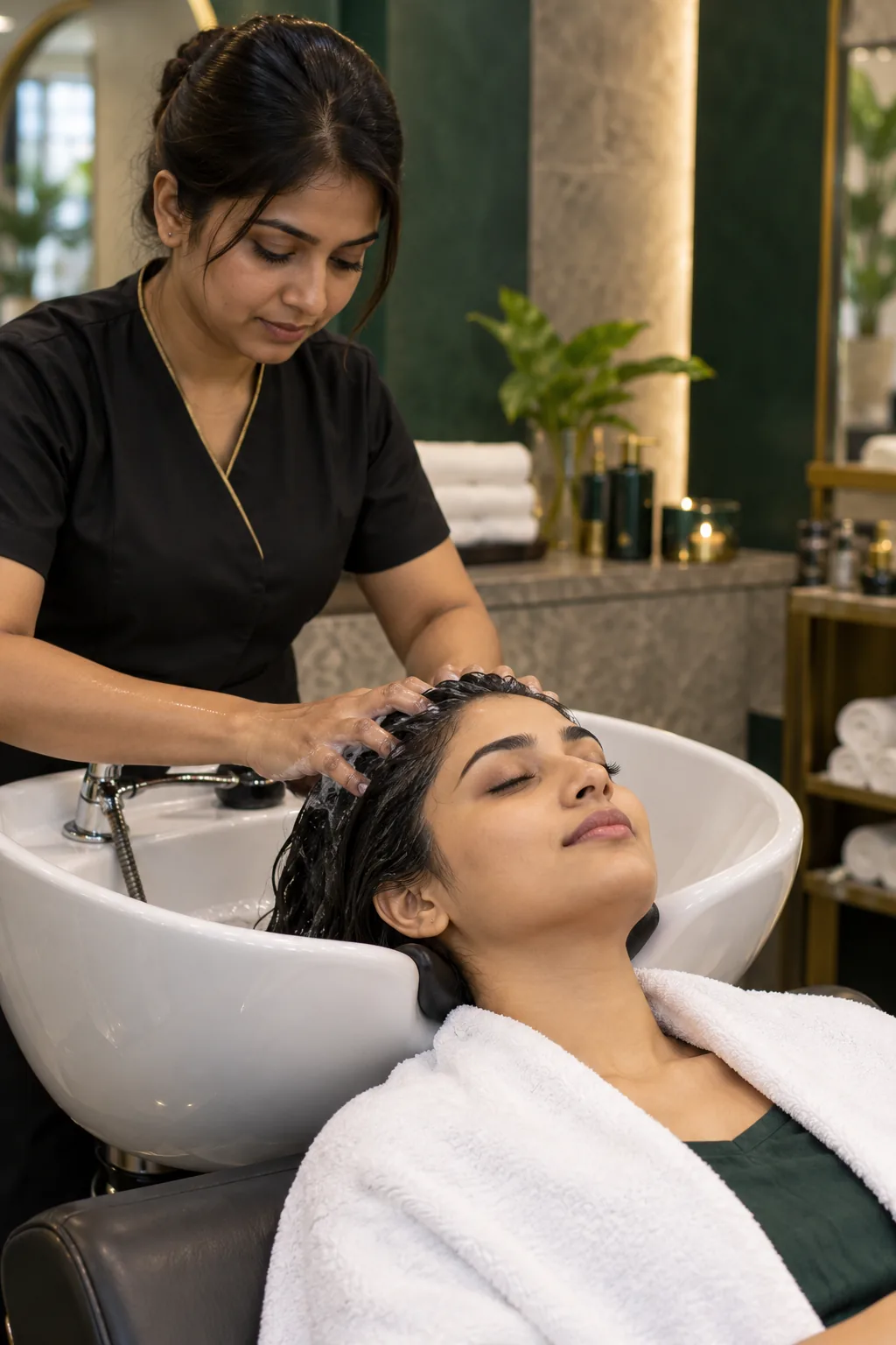 Illustrative hair spa massage at a salon basin